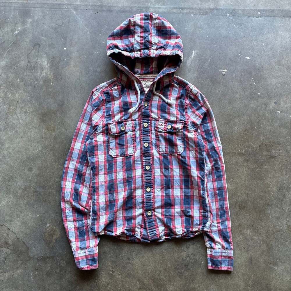 Y2K Hollister Hooded Plaid Button Up Size M Red Blue Long Sleeve